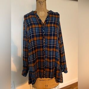 Matilda Jane Blue and Orange Plaid Button-Up  Tunic Blouse with ruffle bottom